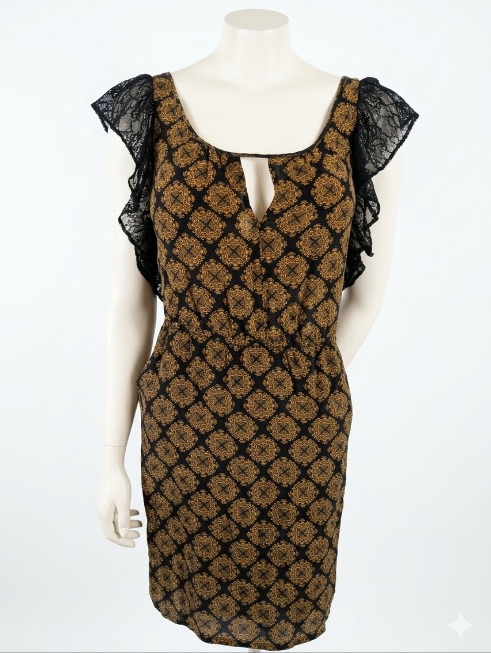 Black & Gold Printed Midi Dress with Lace Sleeves